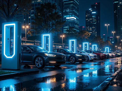 电动汽车充电桩产品展示,白色柱状充电桩,LED指示灯,停车场背景